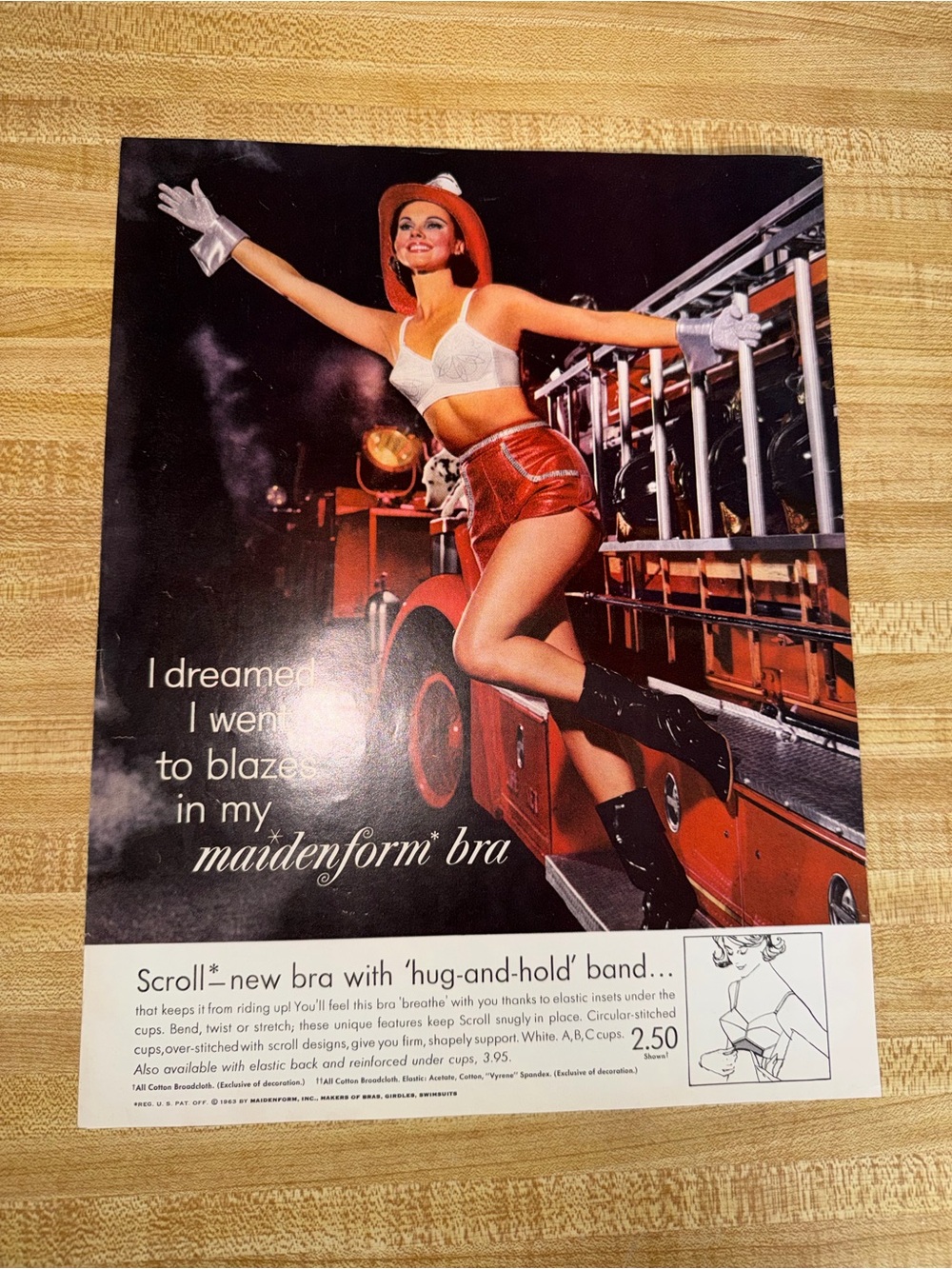 1963‎ Maidenform White Bra Ad Print with Red Accents firetruck firemen